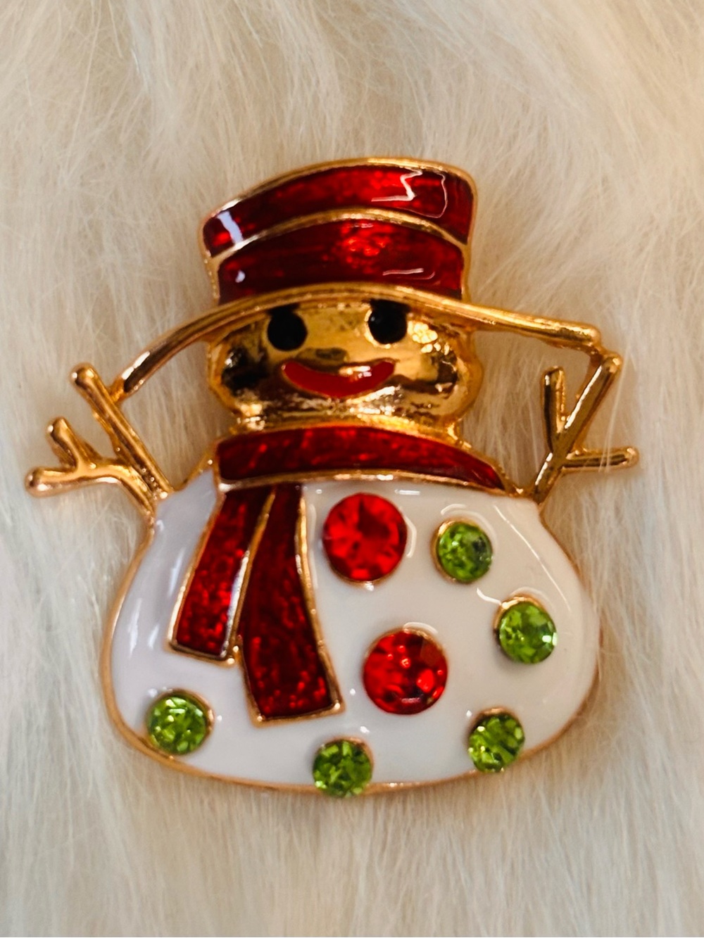 Festive Snowman Christmas Brooch – Red Green Rhinestone Holiday Pin